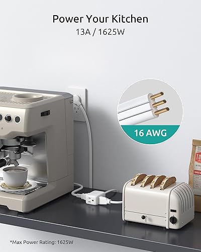 Miniatura 5 de Extensión plana corta de 1.5 pies, certificación ETL, cable de extensión de 3 puntas para interiores con protector de sobretensiones 900J, 13A1625W,