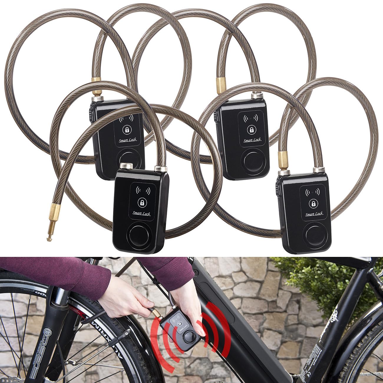 Semptec Urban Survival Technology Fahrradschloß mit: 4er-Set App-gesteuerte Kabelschlösser mit Bluetooth und Alarm (Fahrradschloss mit Alarm, App, Fahrradschloss Bluetooth, Seil)
