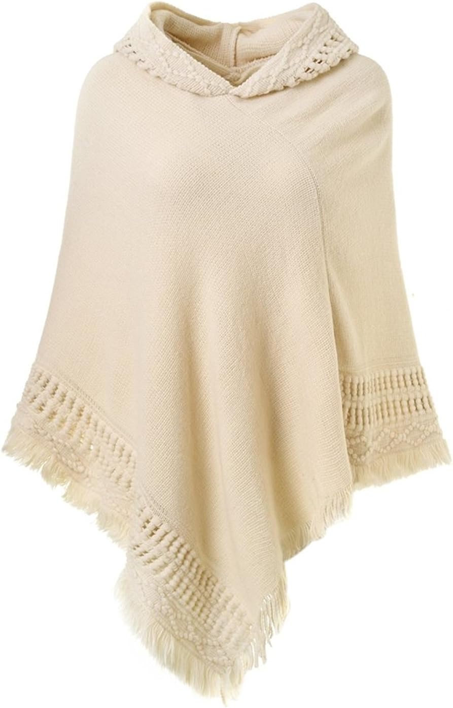 Womens Knitted Hooded Poncho Tops Shawl Cape Batwing Blouse with Fringed Sides for Lady