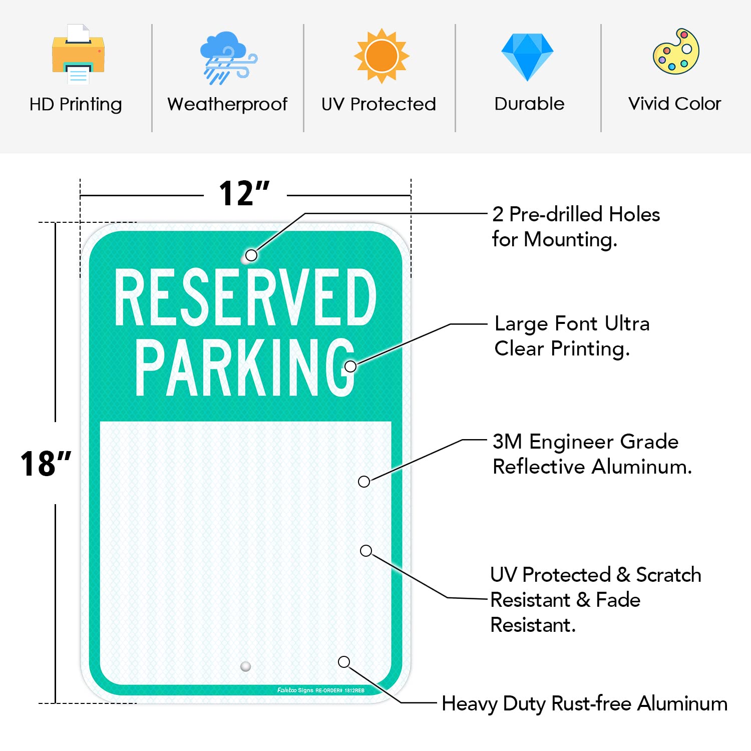 Faittoo Señales de estacionamiento reservadas en blanco, paquete de 4 letreros reflectantes de aluminio de grado de ingeniero, resistentes a la intemperie y a la decoloración, protección UV, fáciles