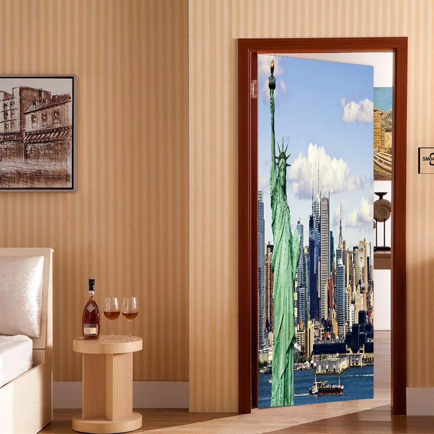 A.Monamour 3D Door Stickers for Interior Doors Statue of Liberty and New York City Skyline Vinyl Waterproof Self Adhesive Door Mural Decals for Bedroom Office Bathroom 95 x 215cm