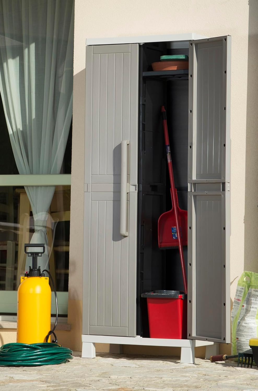 Toomax Wood Midi Broom Cabinet open with various items stored inside