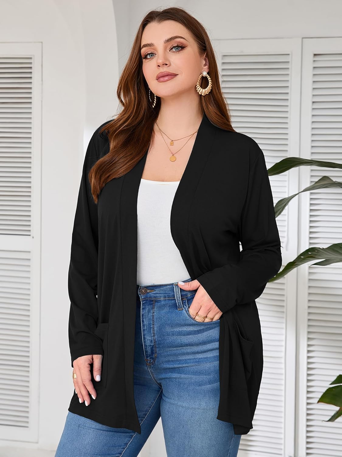 AusLook Women's Plus Size Lightweight Open Front Cardigan Long Sleeve Cover Ups Shrugs Shawls and Wraps Kimono Jacket - Image 5