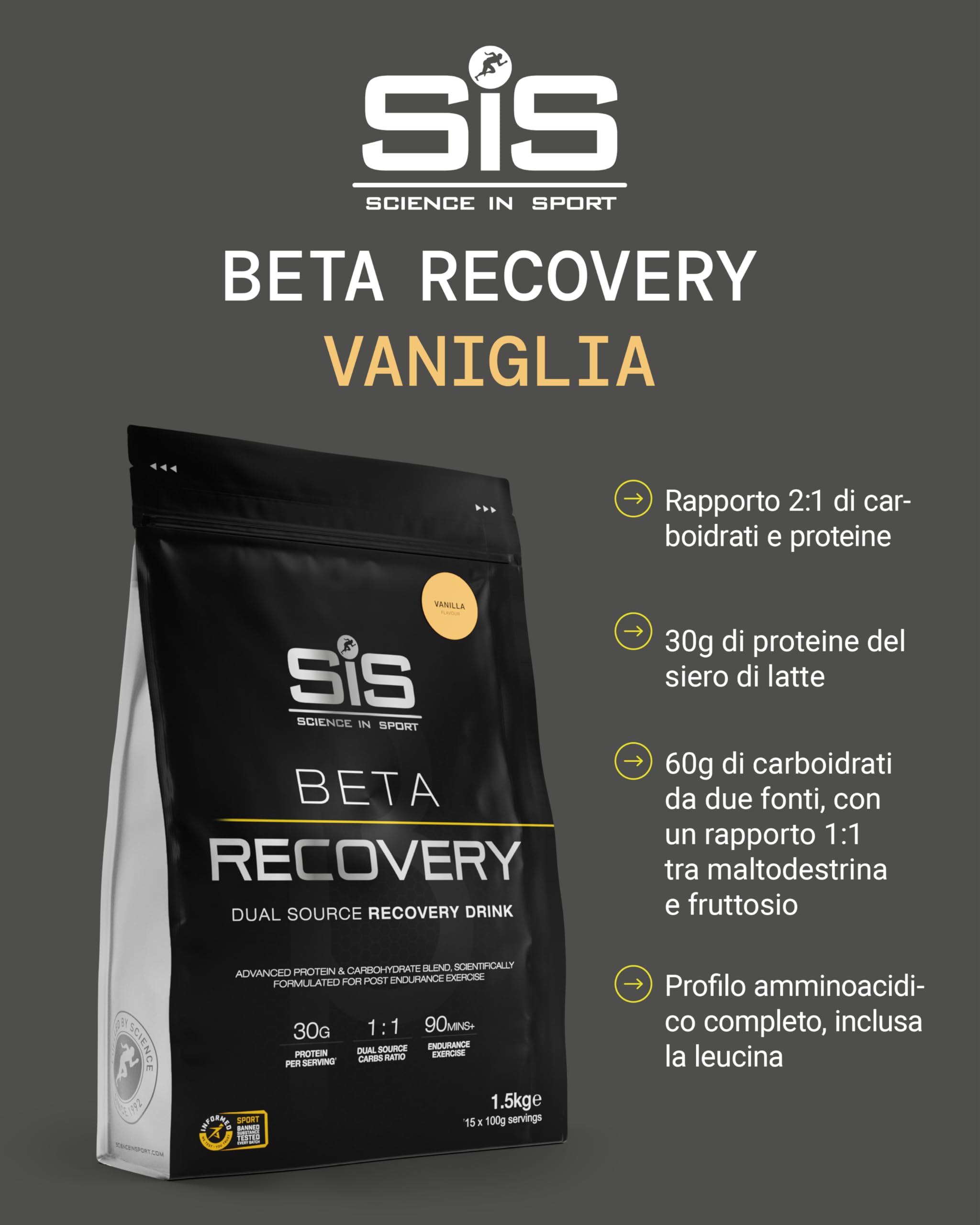 Science in Sport BETA Recovery Powder 1,5kg Vaniglia - Bevanda sportiva in polvere rigenerante con carboidrati e proteine in rapporto 2:1, Bevanda per il recupero post-allenamento