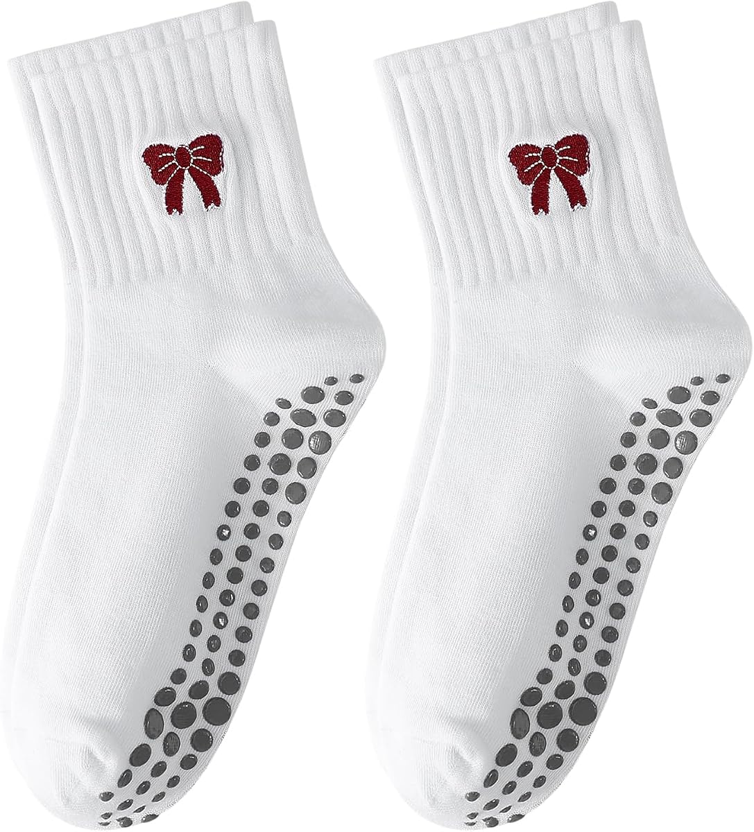 Calcetines con agarre de Pilates para mujer, calcetín de yoga antideslizante con bordado de lazo | Longitud media de la tripulación, algodón suave, soporte para el arco, patrón de lazo, acanalado, para fitness, barra, ballet, danza, entrenamiento, hospital, regalos para el hogar