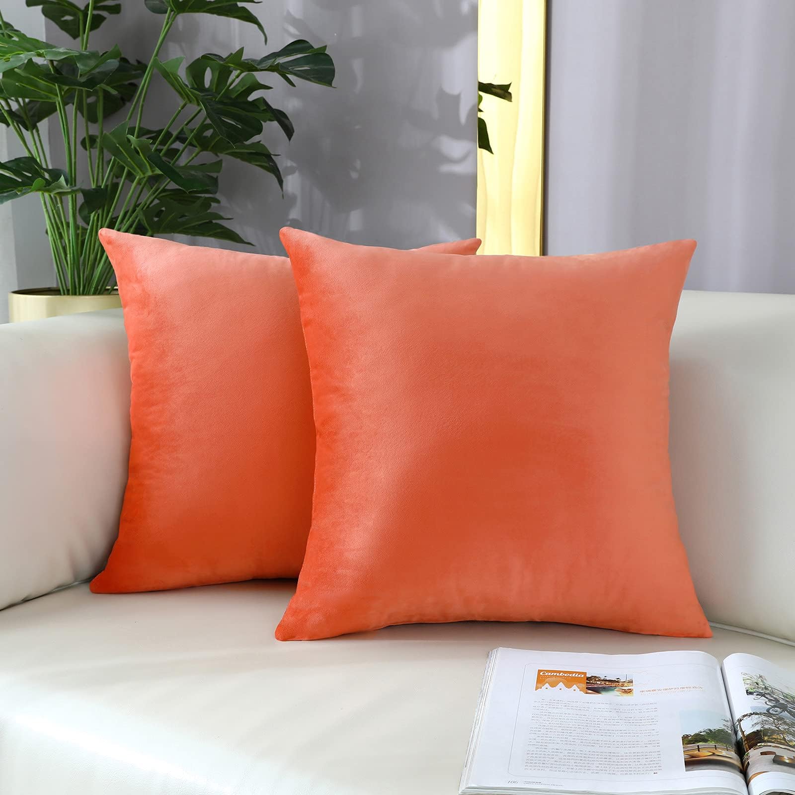mixeoo Comfy Peach Coral Throw Pillow Covers Decorative Square Solid Velvet Super Soft Cushion Cases Home Decor for Sofa Couch, Set of 2, 18 x 18 Inch