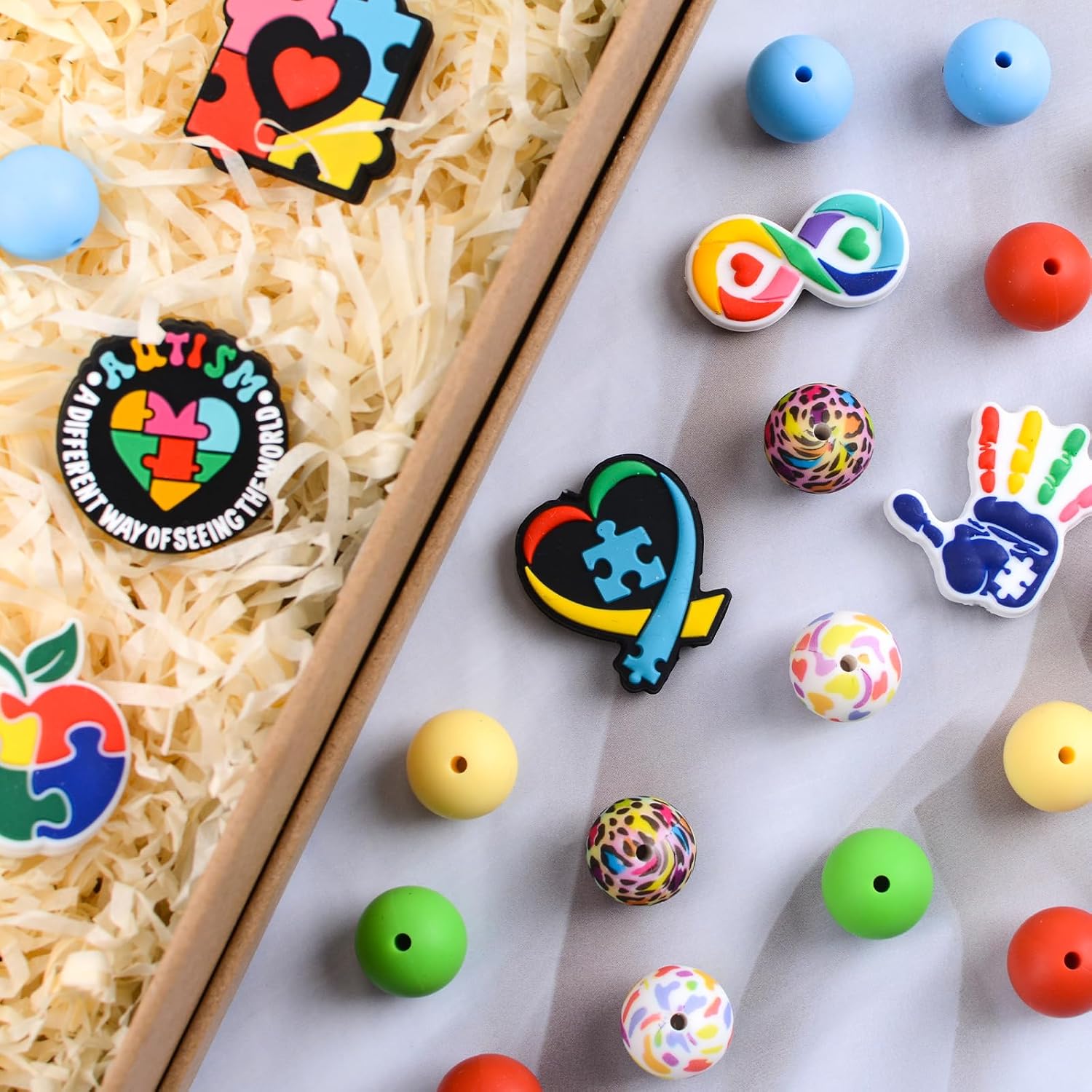 Colorful Silicone Beads Set,32Pcs Autism Theme Bulk Silicone Bead Irregular Spacer Beads for Bracelets Craft Autism Awareness Activity image 5
