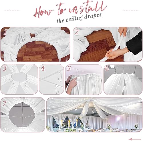 Miniatura 7 de 8 paneles de cortinas blancas para techo de boda, cortinas de techo de 5 x 20 pies, cortinas de tela transparente para arco de boda, cortinas de