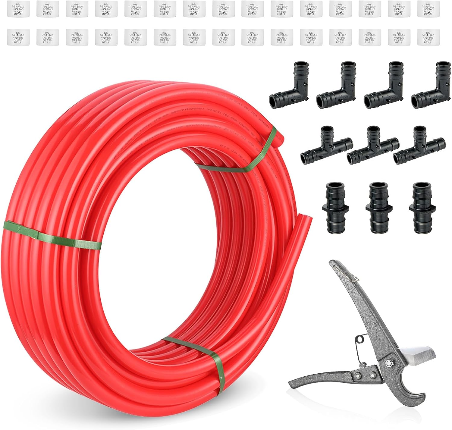 1/2 Inch Niikappu White PEX-A Pipe, 100 Ft Pex A Tubing with a Pipe Cutter, 30PCS 1/2" Expansion Rings & 10PCS 1/2" Poly PPSU Expansion Fittings