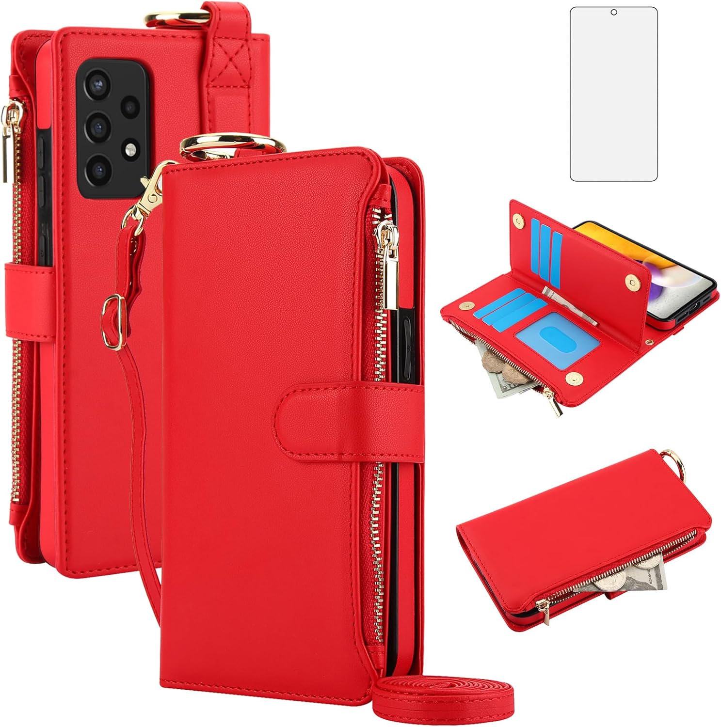 Asuwish Phone Case for Samsung Galaxy A52/A52S 5G Zipper Wallet with Tempered Glass Screen Protector Crossbody Strap Card Holder Stand Flip Cell Cover A 52 S 4G G5 52A S52 52S Women Girls Black