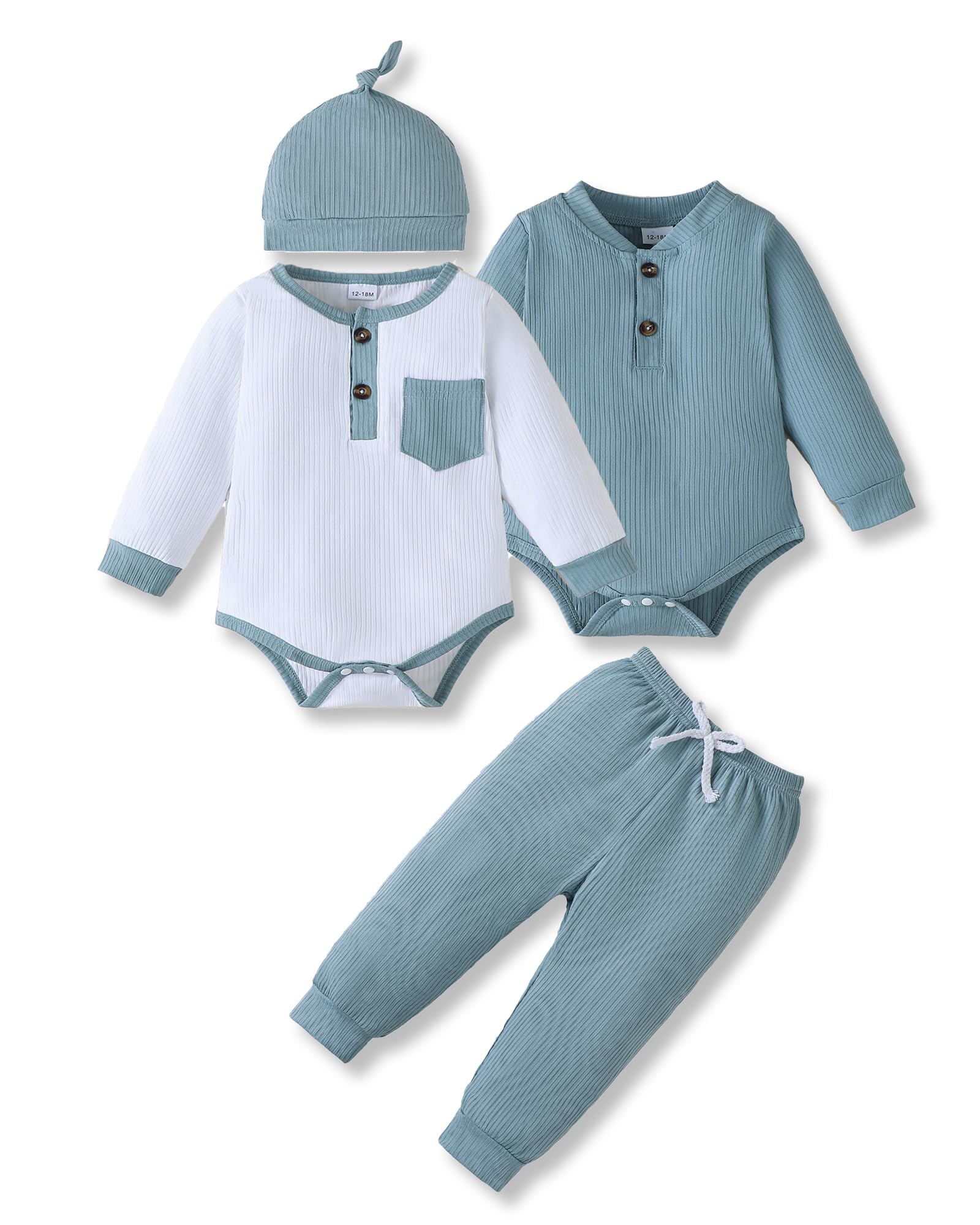 NZRVAWS Newborn Baby Boy Clothes Long Sleeve Romper Pant Set Hat 2-Pack Infant Baby Boy Outfits Fall Winter