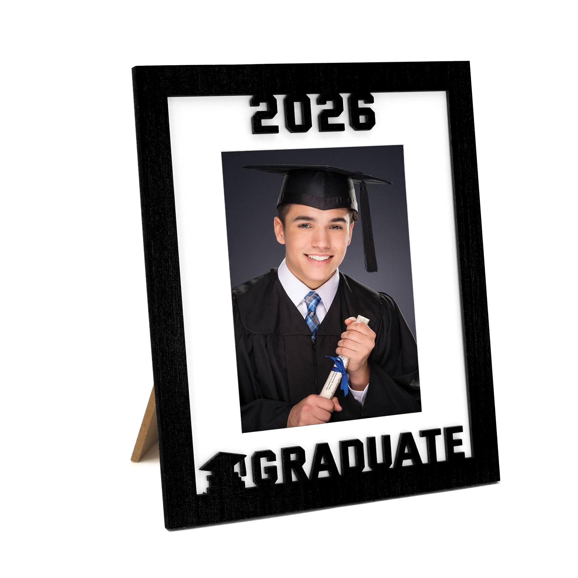 2026 Graduation Photo Frame, Laser Engraved Wood Keepsake for Class of 2026, 8x10 & 5x7 Double Opening with White Mat, Senior Graduation Gift & Party Decoration, Black Portrait