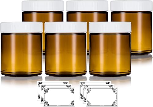 JUVITUS Tarro grande de vidrio ámbar de lado recto, 9 onzas  9.1fl oz (paquete de 6) + etiqueta, hermético, a prueba de olores, tapas sin BPA