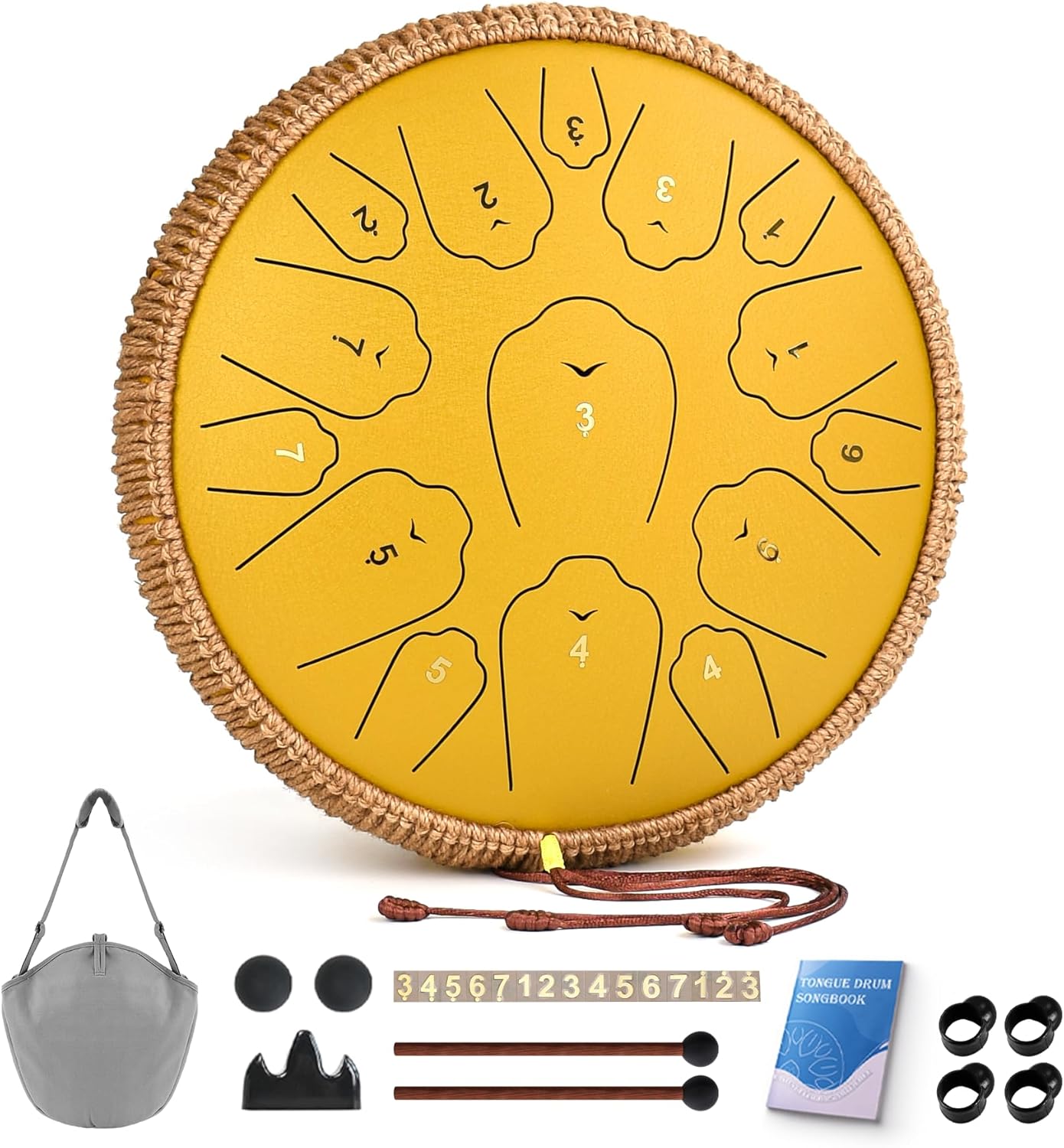 Steel Tongue Drum, 13 Inch 15 Notes Tongue Drums, C Major Drum Percussion Instruments, Handpan Drums with Music Book, Drum Mallets and Carry Bag (Yellow)