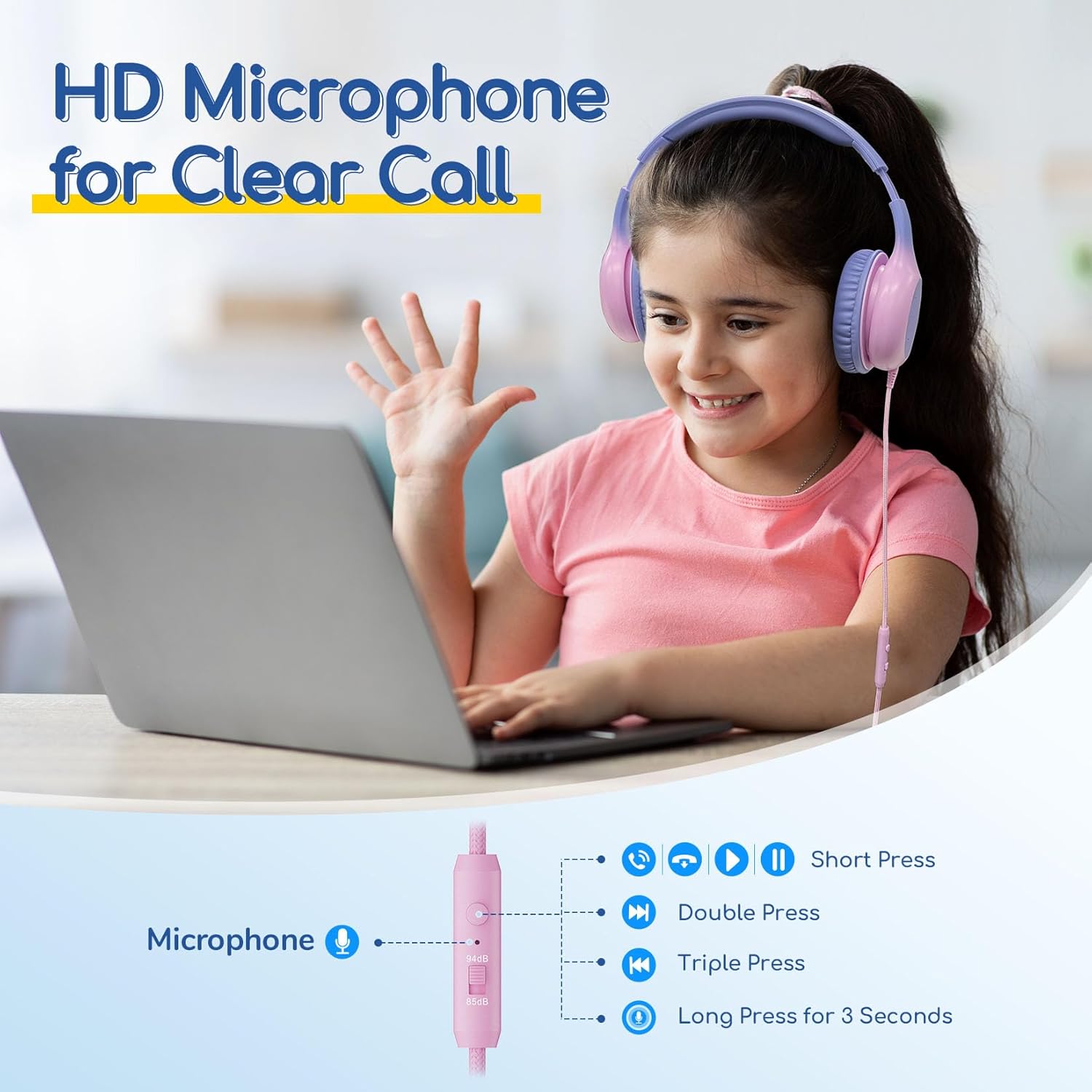 EarFun Kids Headphones Wired with Microphone, USB Type C Headphones for Kids, 85/94dB Volume Limit, Portable Wired Headphone with Shareport, Stereo Sound Foldable Headset for School/Tablet/PC/Kindle