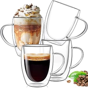 12 oz/350ml Double Walled Glass Coffee Mugs, Clear Coffee Cups and Mugs Set of 4, Cappuccino Latte Macchiato Glasses Cups with Handle, Espresso Mug Cups for Latte, Cappuccinos, Hot/Cold Drink