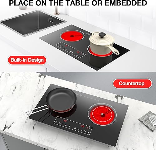 Miniatura 9 de Cocina eléctrica, 110 V, 2400 W, 2 quemadores, encimera y estufa integrada con 9 niveles de potencia, bloqueo de seguridad para niños, temporizador,