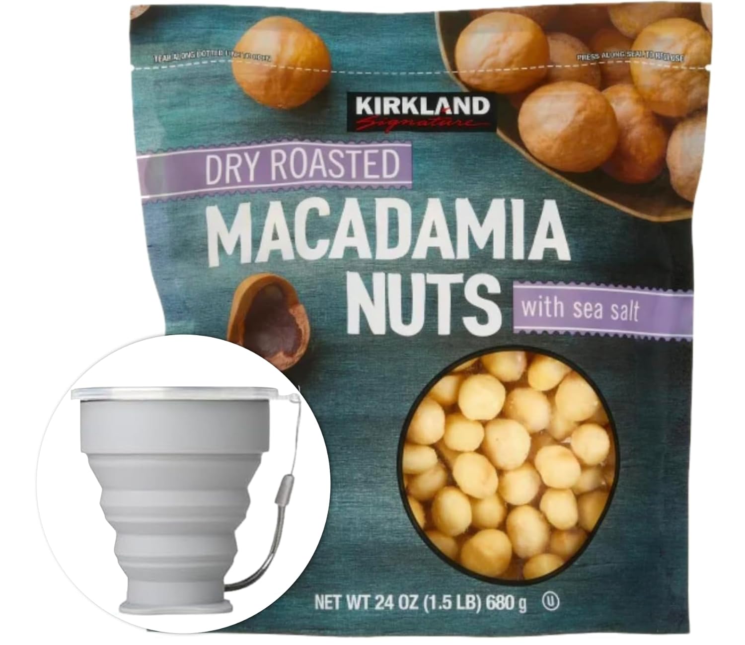 Kirkland Signature Dry Roasted Macadamia Nuts, 1.5 lbs. Item 1195303. Bundle with MORALZA Silicone Collapsible Cup 200ml - 2 Items