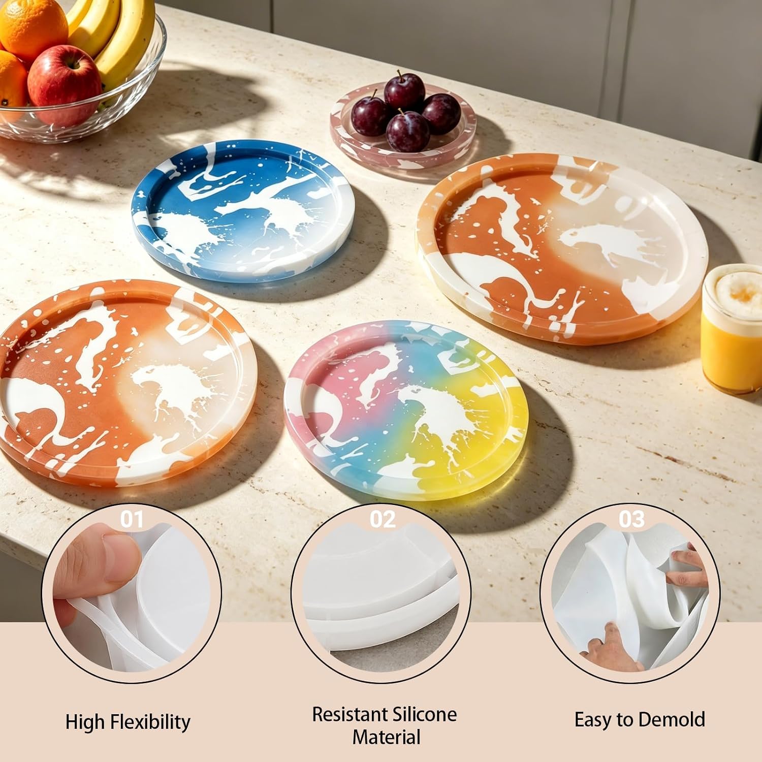 4 Pack 12'',10'',8'', 6'' Round Tray Molds Tray Resin Molds, Large Silicone Resin Tray Molds for Epoxy Casting, DIY Decorative Plate Mold for Making Resin Craft DIY Home Decoration