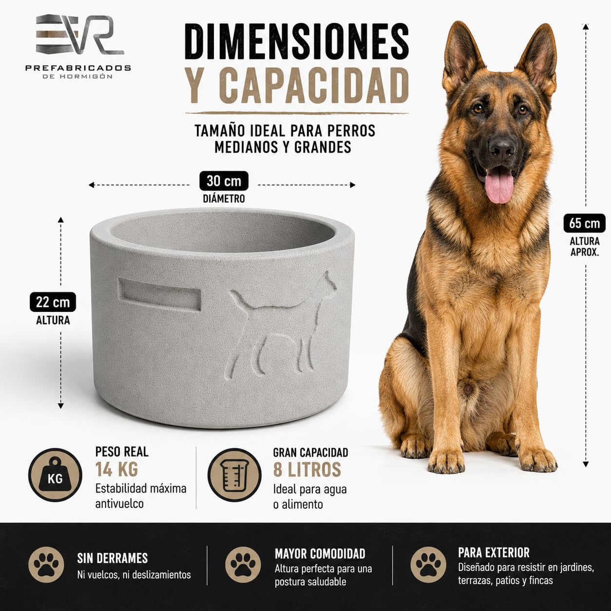 VR Prefabricados Comedero y Bebedero de Hormigón Antivuelco para Perros | Antimordeduras | Resistente para Exterior | Fabricado en España | Diseño Premium | Terminado a Mano.