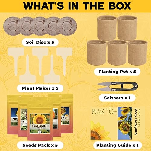 Miniatura 4 de Kit de semillas de girasol para plantar, paquete de 5 variedades con tierra de plantación, etiquetas, tijeras, bolsas de cultivo y guía, alta tasa