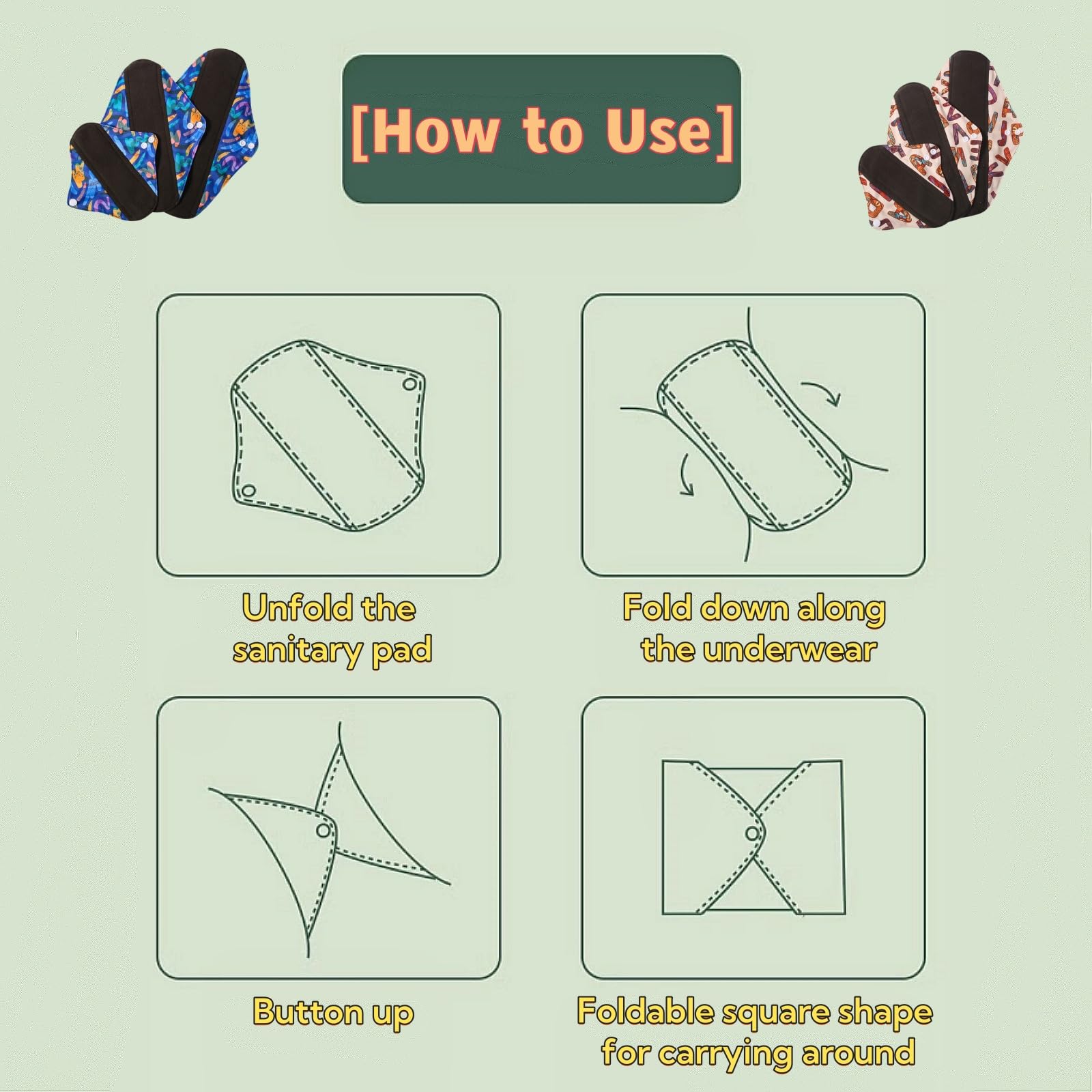 Washable Overnight Cloth Panty Liners Period Pads,Washable Sanitary Pad with Wings,Reusable Sanitary Pads for Women,7pcs/Set,Pack of 6+1 Storage Bag,Cloth Sanitary