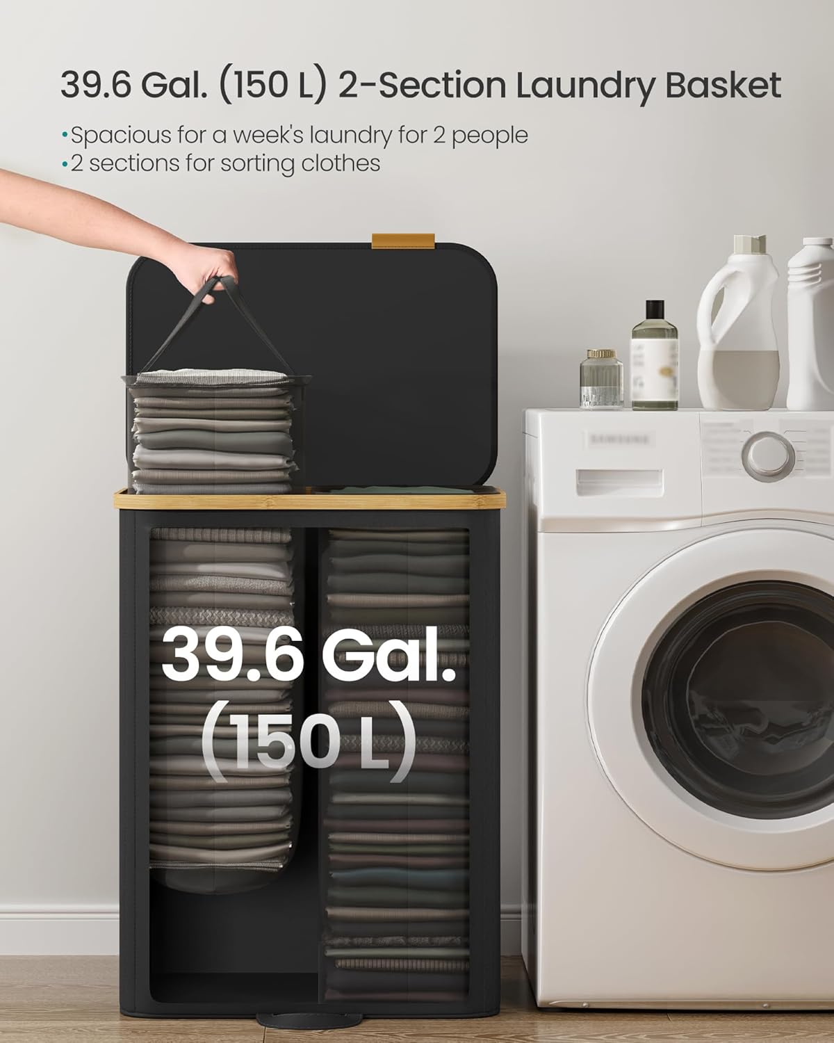 SONGMICS Laundry Hamper, Laundry Sorter with Lid, Storage Basket Bin, Removable Liners, Bamboo Frame, for Bedroom, 2 Sections, 39.6 Gal. (150 L), Ink Black ULCB532BH01