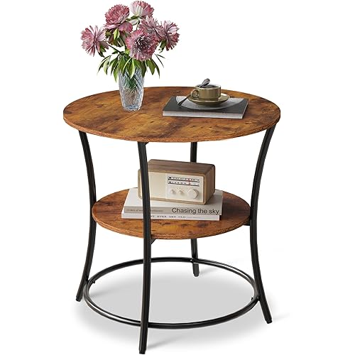 WLIVE Side Table, Round End Table with 2 Storage Shelves for Living Room, Bedroom, Nightstand with Steel Frame for Small Spaces, Accent Coffee Table, Rustic Brown