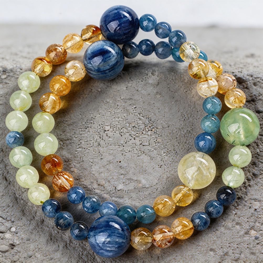 Bracciale in Cristallo Naturale di cianite e citrino – Gioielli con Perline di Pietre preziose Blu e Gialle per Comunicazione, abbondanza ed energia positiva, Regalo Elastico