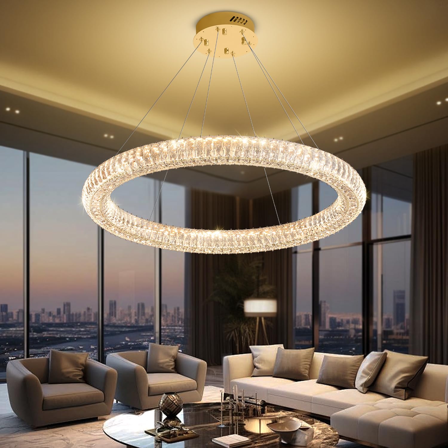 IDEQUY Modern Gold Ring Chandelier Dimmable LED 31.5" Round Crystal Pendant Light Ceiling Fixtures for Dining Room Living Room