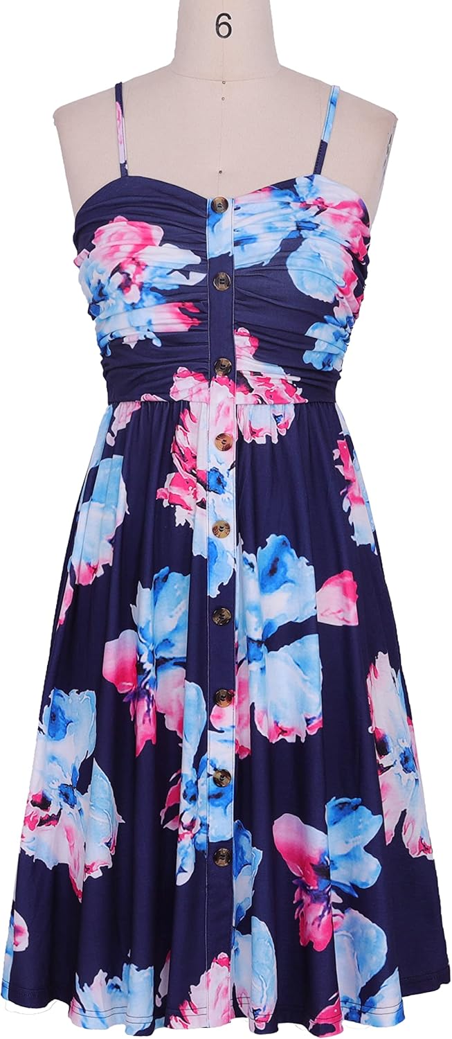 Women's Summer Casual Dress Florals Buttons Down Ruched Sweetheart Neck Sleeveless Midi Sundress - Image 6