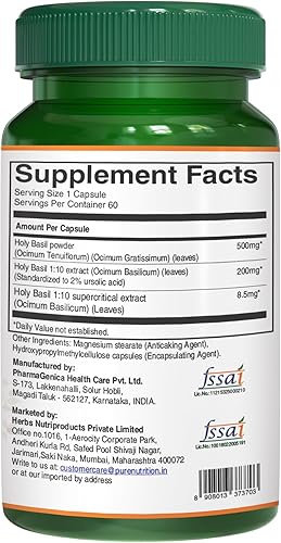 Miniatura 6 de Extracto puro de Nutriton Tulsi 708 mg - 60 cápsulas (extracto equivalente a 2585 mg de polvo de hoja de albahaca) con eugenoles y ácido ursólico