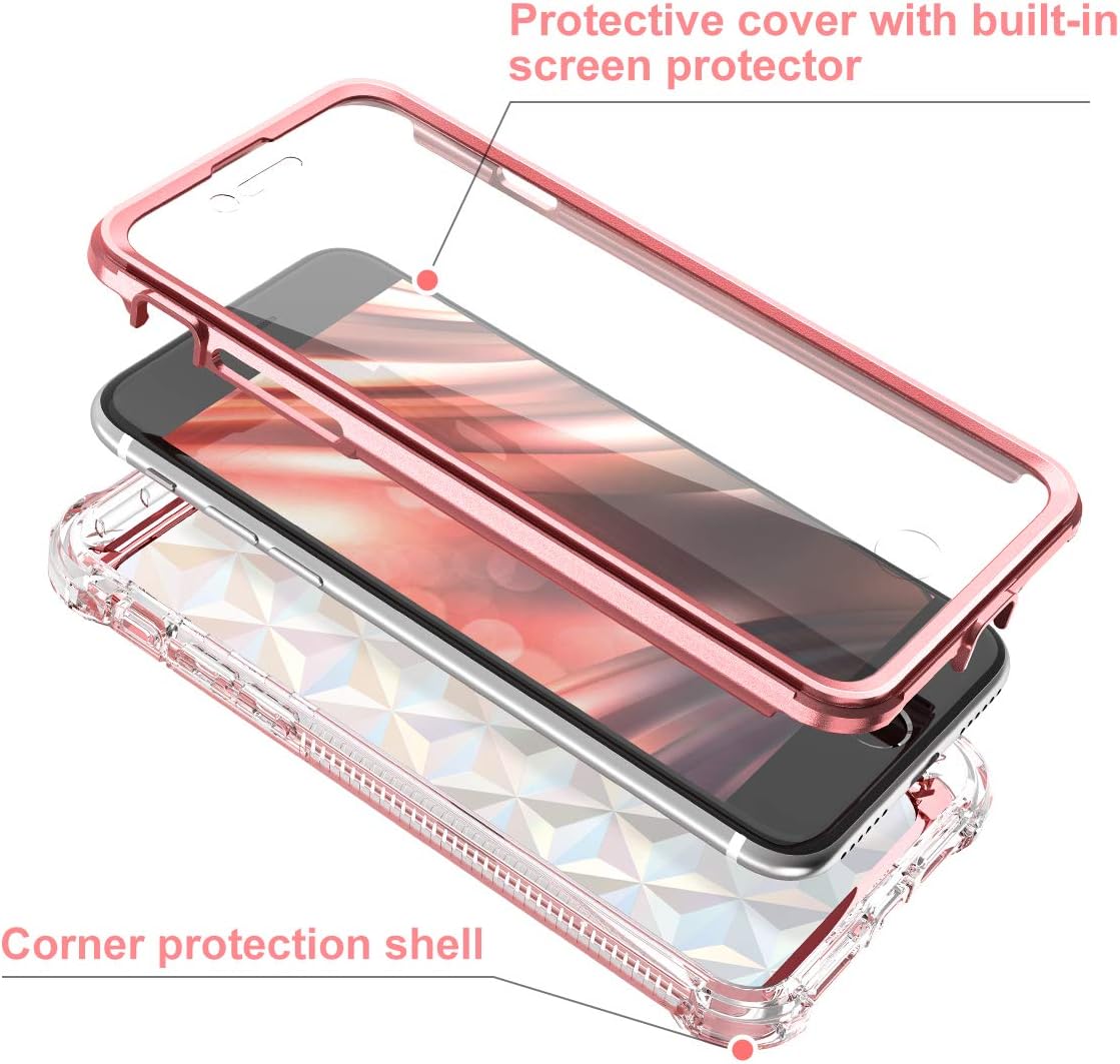 Dexnor iPhone SE 2022/2020 Case, iPhone 8 Case, iPhone 7 Case with Screen Protector Clear 3D Diamond 360 Full Body Protective Shockproof Heavy Duty Bumper Cover for iPhone SE 2022 2020/8/7 4.7"