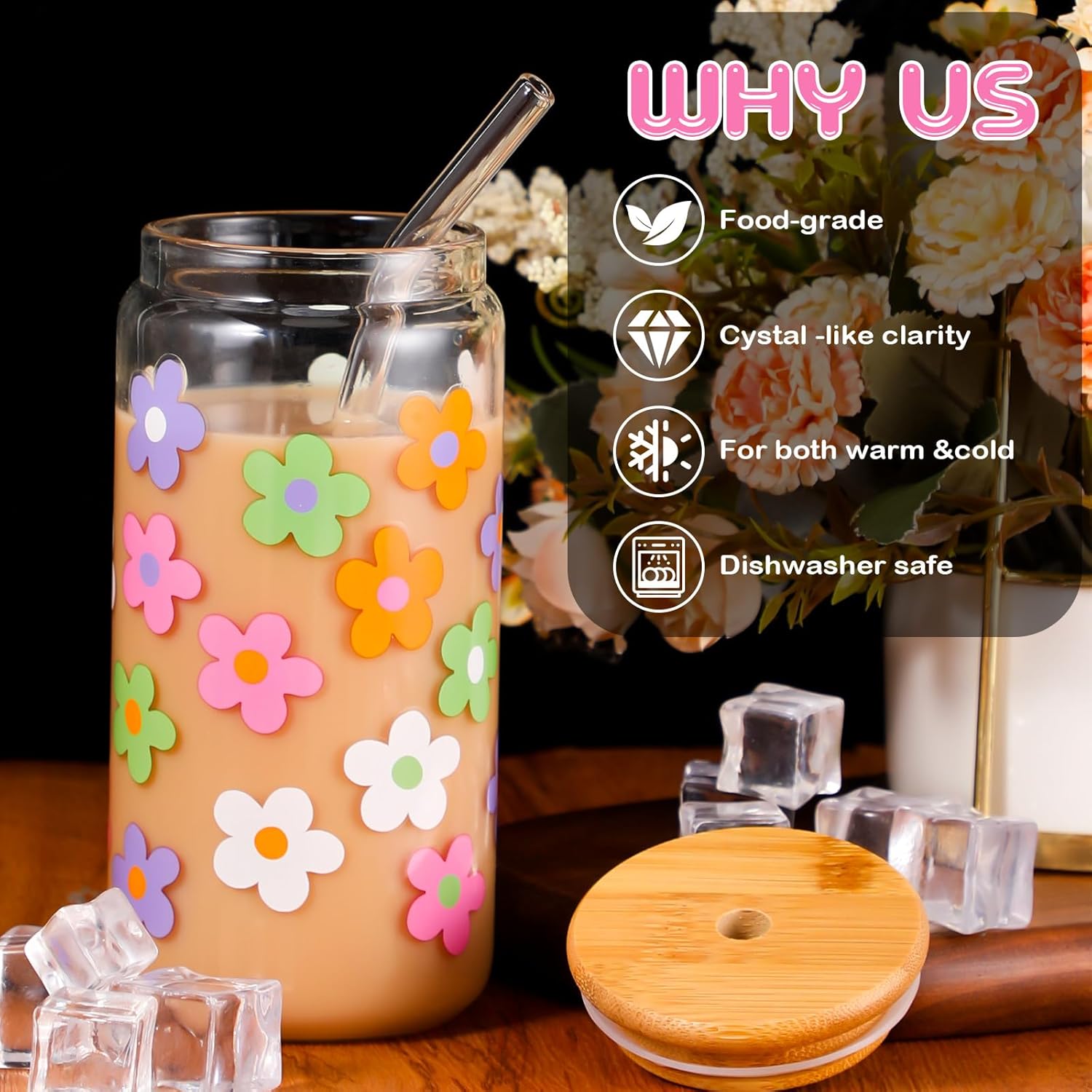 Cunhill 2 Sets Daisy Aesthetic Gifts, Iced Coffee Cup, Cute Glass Cups with Lids and Straws, Cute Mugs, Flower Mug, Glass Tumbler Flower Mug with Brushes for Teacher Women Lovers, Friend, Girls, Mom - Image 3