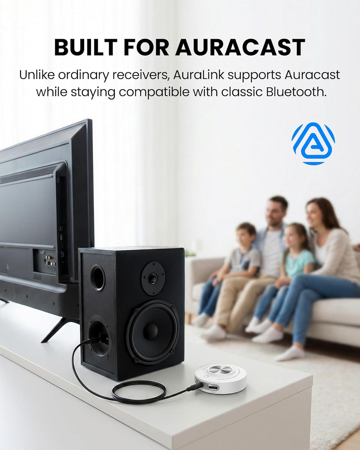 Avantree AuraLink – Future-Proof Auracast & Classic Bluetooth Receiver for Speakers & Audio System, 328ft Long Range, 20H Portable or Stationary Use, One-to-Many Multiple Broadcast Listening - White