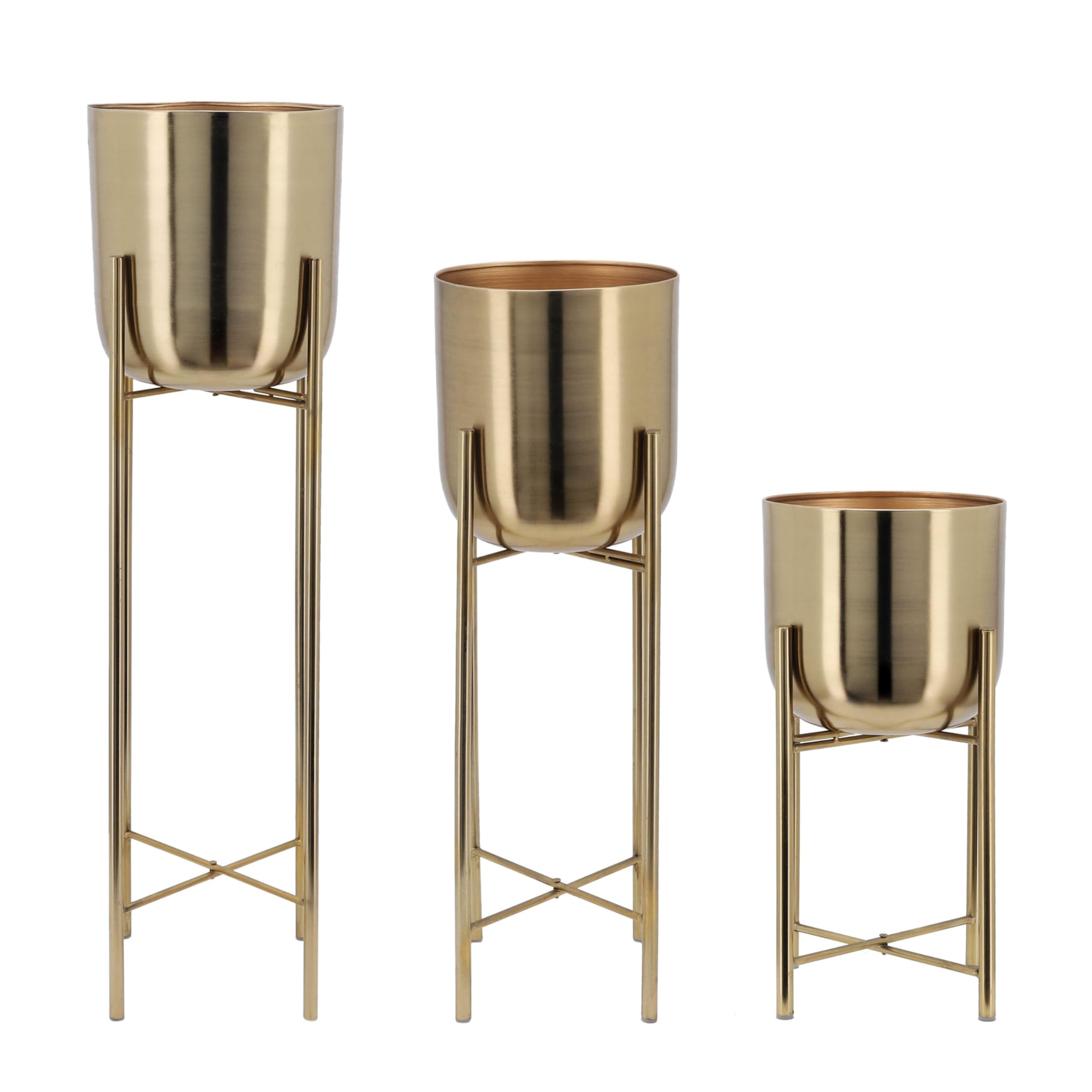Set of 3 Metal Planters on Stands – Modern Decorative Plant Holders for Living Room, Bedroom, or Entryway – Home Decor Accent Pots – 20", 30", 40", Gold