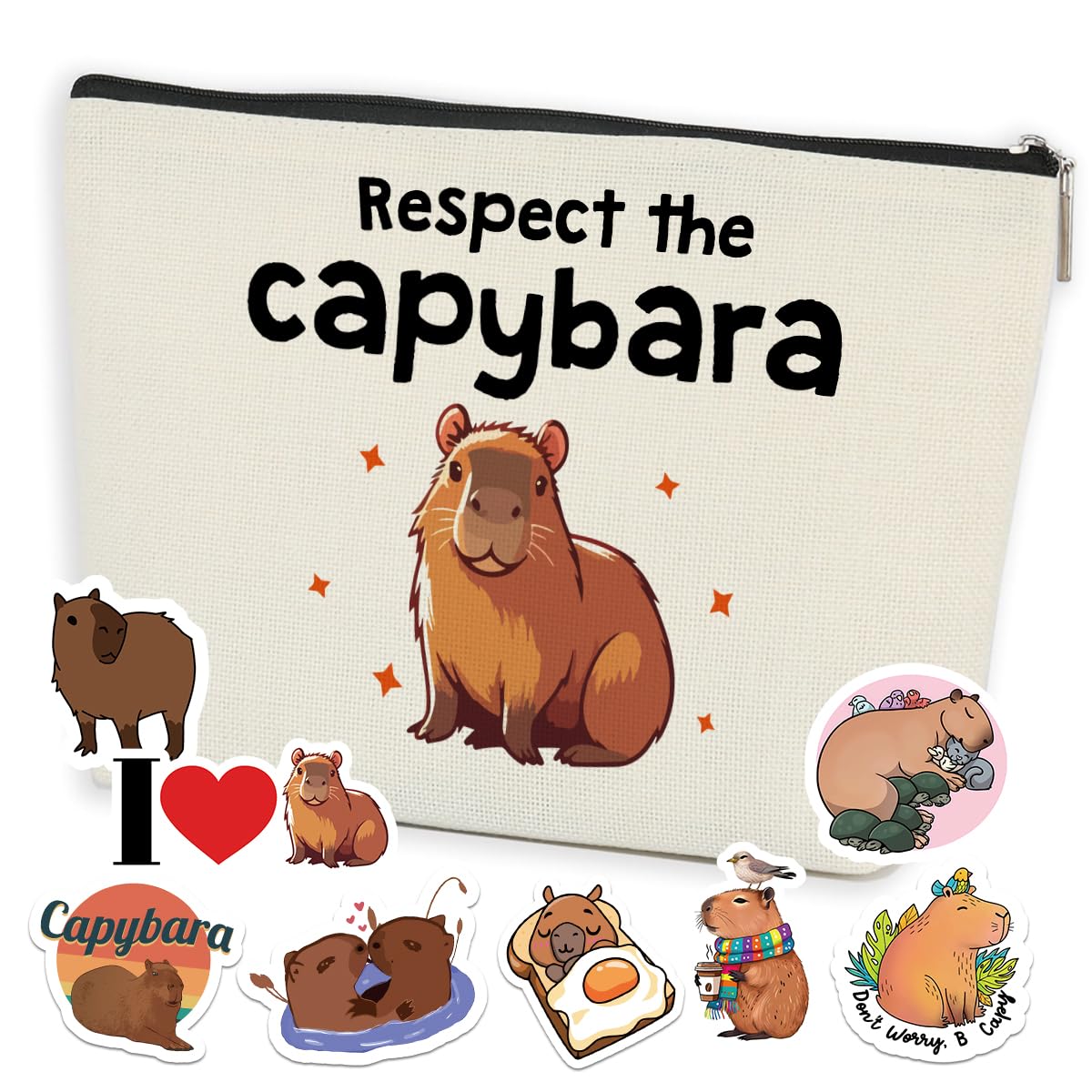Funny Capybara Makeup Bag Capybara Gifts Cosmetic Bag with 8 PCs Stickers Animal Lover Gifts for Women Girls