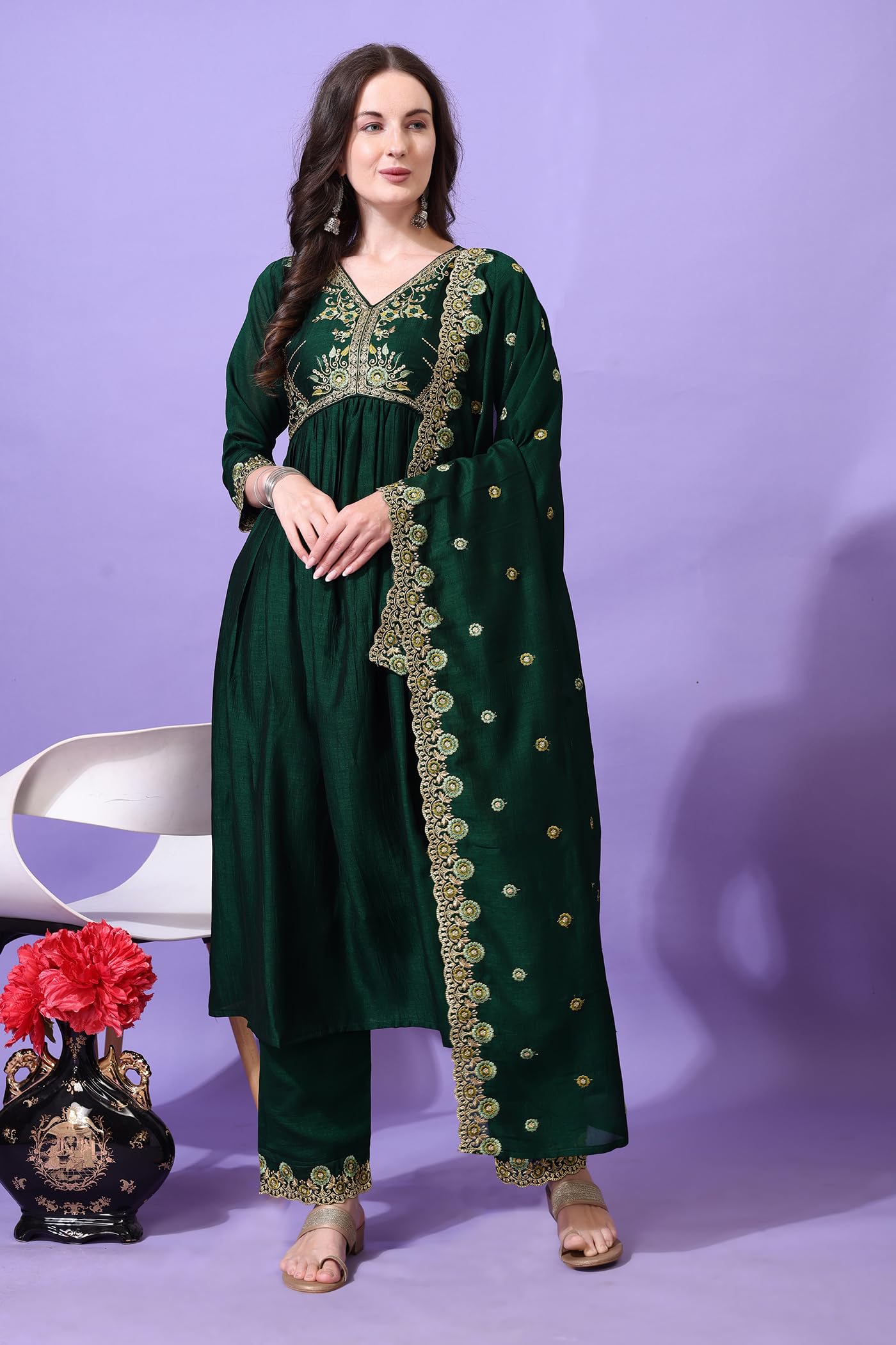 Pratham Blue Women's Silk Embroidered Regular Kurta Sets (Bkp-1016-Xxl_Green