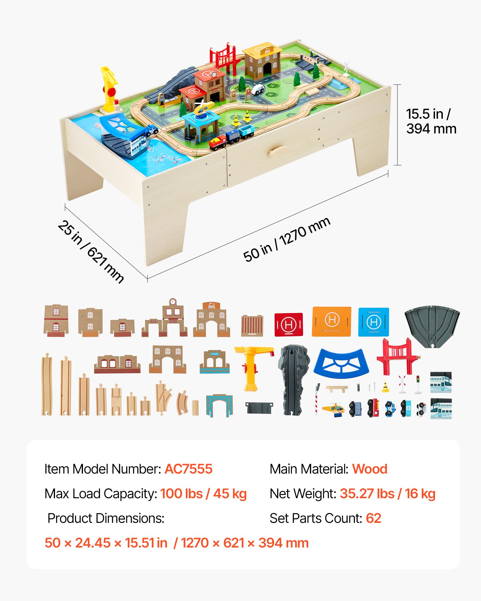 VEVOR Holz Aktivitätstisch, 62-teilig, Kindertisch mit großer Schublade, 3-in-1-Eisenbahnset zum Spielen, Malen, Lesen, Essen, kreatives Spielzeugset für Kinder ab 3 Jahren