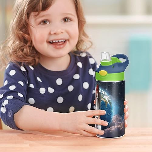 Miniatura 7 de Outer Space Rocket - Botella de agua para niños con pajilla y asa de transporte, botella de acero inoxidable aislada al vacío con aislamiento al