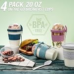 EYNEL On The Go Cereal Yogurt Cups with Lids and Spoon, Overnight Oats Container, Reusable Parfait Plastic Milk Jar Breakfast Crunch Granola Oatmeal Smoothie Snack Prep Bowl To Take Along (4 Pack)
