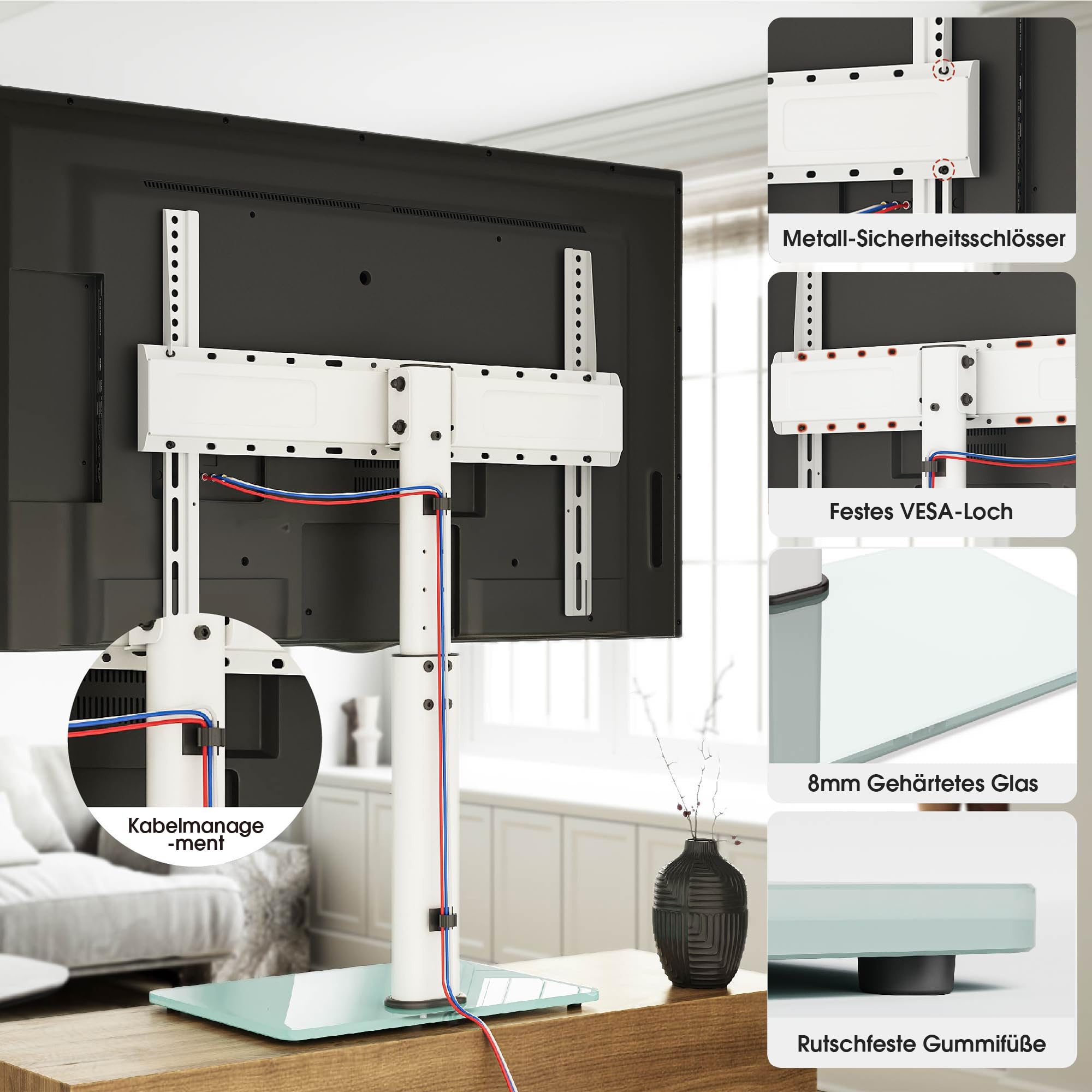 AOKCOS TV Standfuss TV Ständer Höhe 900mm für 32-55 65 75 Zoll Fernseher, Neigbar Schwenkbar Höhenverstellbar Fernsehständer, Universal TV Standfüße Standfuss Max VESA 600x400mm 45KG (Weiß)