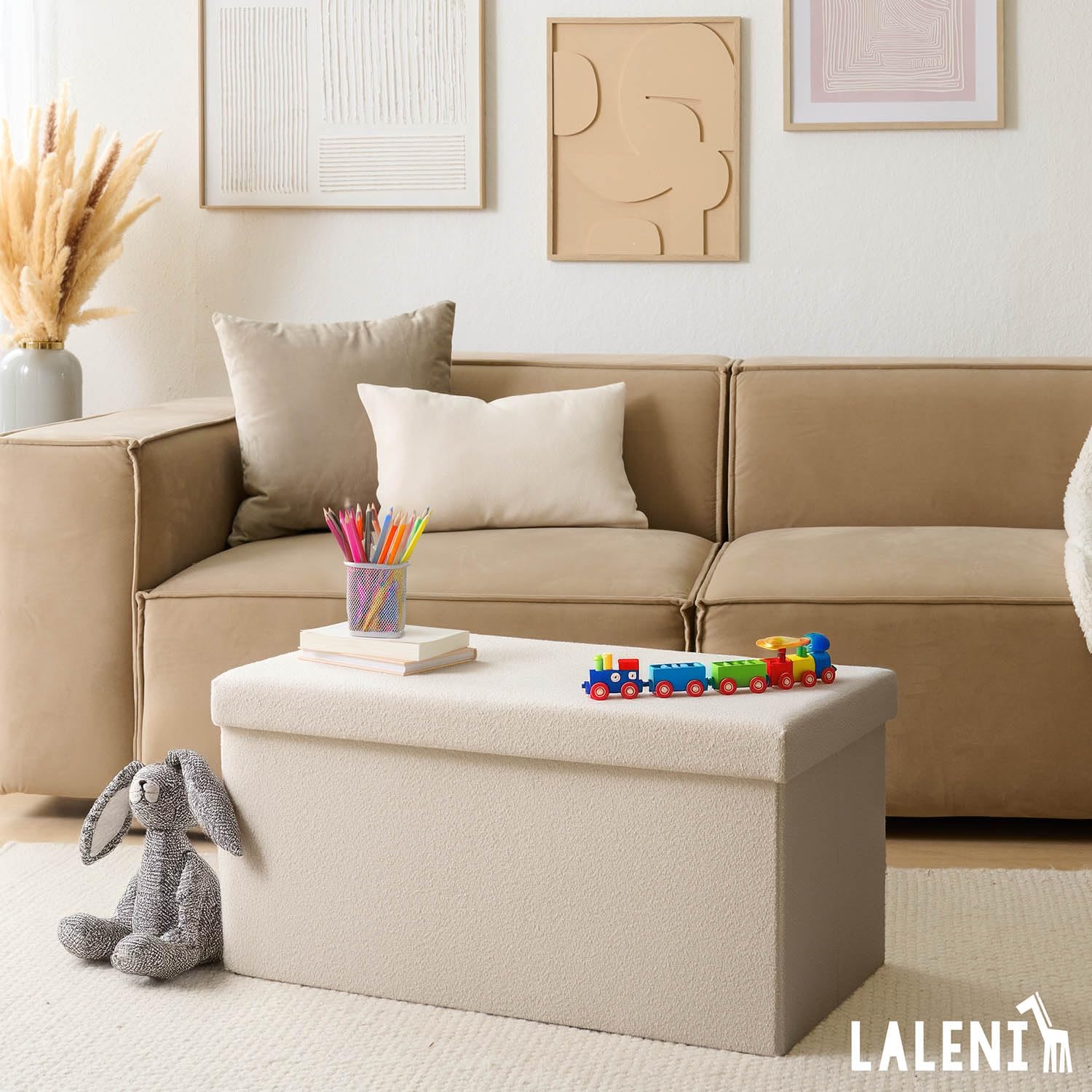 Laleni Coffre de Rangement Solide - Pouf Coffre Rangementt 76x38x38 cm - Banc Coffre Rangementt - Tabouret Rangementt - Storage Ottoman Teddy - Coffre Rangementt pour Enfants en Teddy Beige
