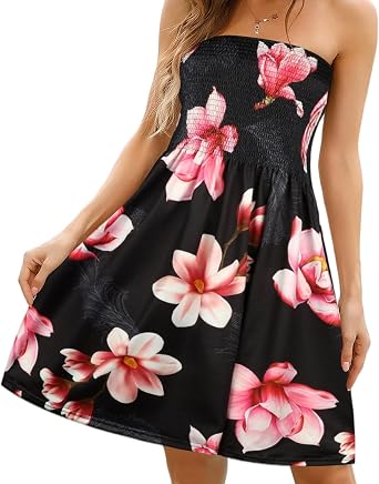Comeon Women Off Shoulder Strapless Sleeveless Tube Top Dress Floral Summer Beach Coverup Flowy Midi Dress