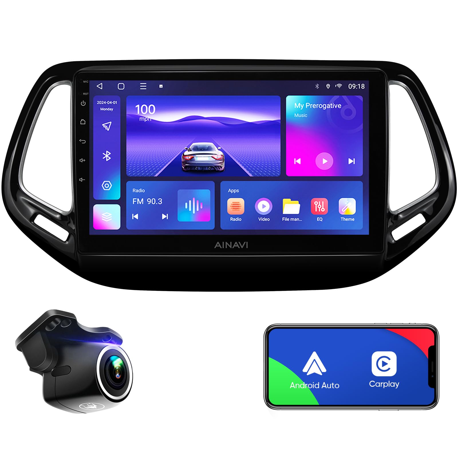 Android 12 Car Stereo Upgrade Radio for Jeep Compass 2017-2020 Replacement Installation Kit DSP Auto Stereo (3GB+32GB) Wireless CarPlay GPS Navigation