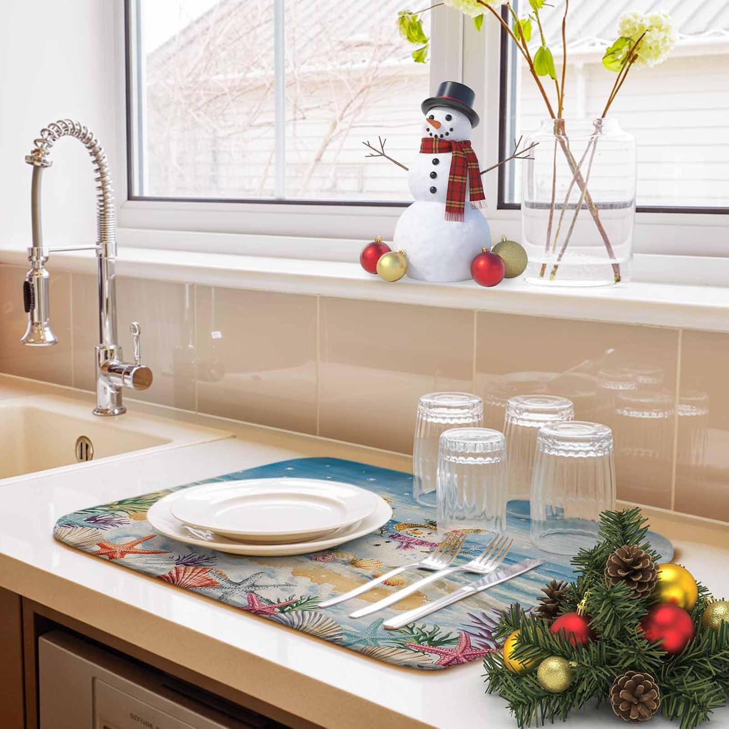 Christmas Snowman Shell Starfish Beach Dish Drying Mats for Kitchen Counter,Absorbent Microfiber Dish Drainer Rack Mat Pine Tree Blue Sky Drying Pad for Sinks,Utensils,Countertops,18x24in