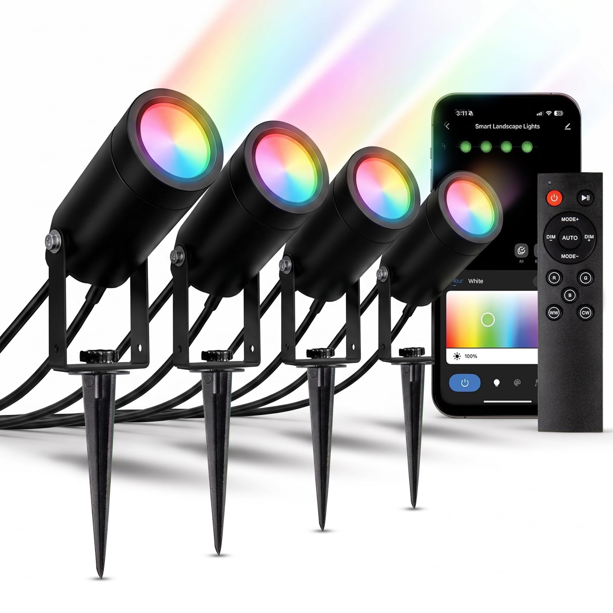 RGBWW - Faretti intelligenti per esterni, confezione da 4 pezzi, 15,2 m, 2000 lumen, dimmerabili, impermeabilità IP65, controllo Alexa e app, luci LED per paesaggi bassi