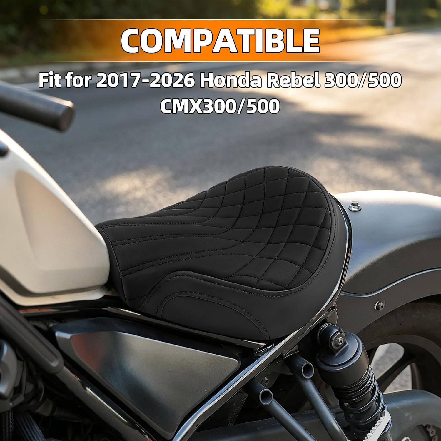 Motorcycle Seat for 2017-2026 Honda Rebel 300/500 Gel Driver Seat Cushion (Black Stitching Diamond Pattern)