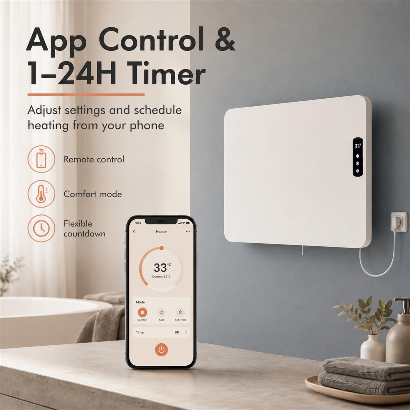 Calentador de pared con panel eléctrico enchufable