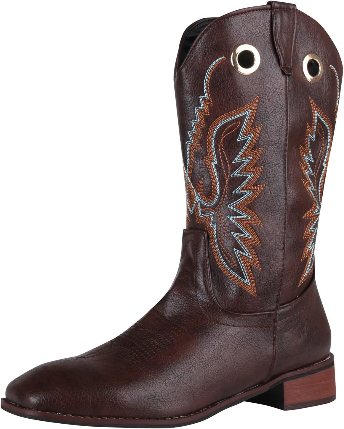 Badduys Men's Western Cowboy Boots Slip-On Square Toe Striped Embroidery Mid-Calf Motorcycle Combat Boots Vintage Chunky Block Low Heel Outdoor Work Leather Shoes